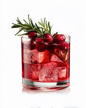 Minimalist Christmas cocktail on white background, elegant glass, cranberry garnish, rosemary sprig, isolated premium stock image.
