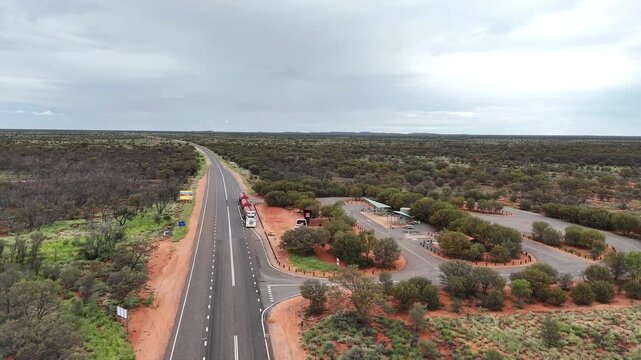 Aerial View of Stuart Highway at the South Australia and Northern Territory Border Rest Area, Outback Highway Road Trip