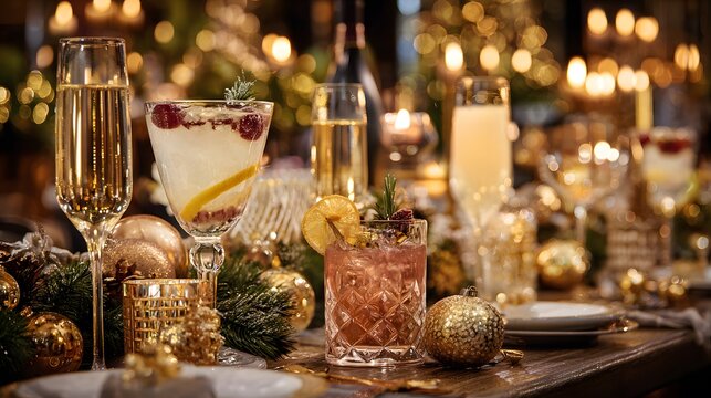 Luxury Christmas party table filled with elegant festive cocktails, champagne, candles, ornaments, pine branches, golden lights, sophisticated holiday celebration.