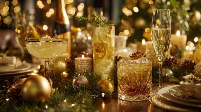 Luxury Christmas party table filled with elegant festive cocktails, champagne, candles, ornaments, pine branches, golden lights, sophisticated holiday celebration.