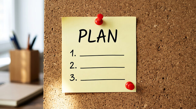 Yellow sticky note with plan on corkboard with pushpin