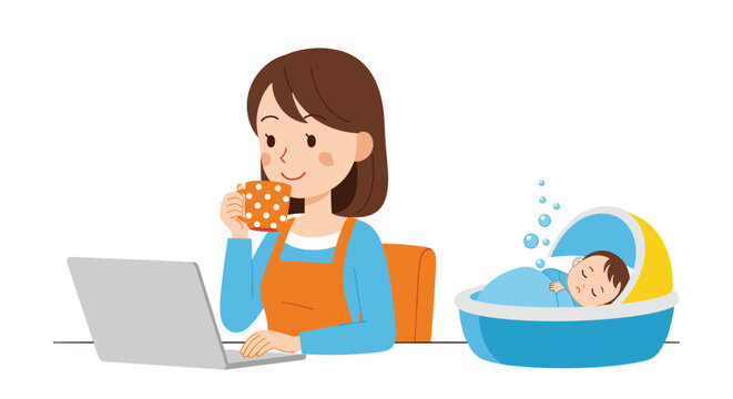Woman in an apron drinking from a mug while working at her laptop as her baby sleeps in a rocker nearby in the room.