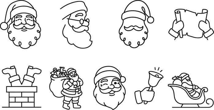 Santa Claus Outline Icon Collection with Christmas Character Faces, Holiday Gift Delivery Elements, Festive Winter Symbols, and Editable Vector Set for Seasonal Designs