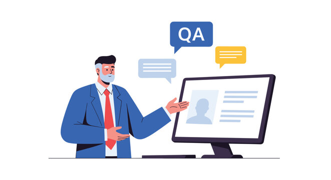 Mature businessman with a gray beard pointing at a computer screen during an online Q&A session to answer questions from participants.