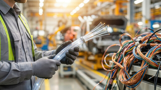 Fiber optic cable in warehouse, industrial worker holding bundle of cable