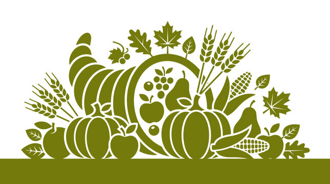 Green cornucopia horn of plenty with autumn harvest.
