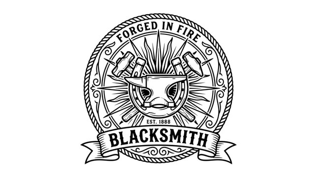 Blacksmith Logo Emblem with Anvil, Hammers, Horseshoe and Fire Rays