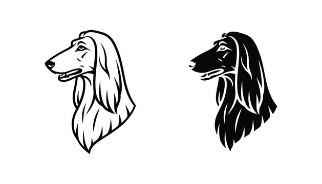 Afghan Hound dog head profile vector illustration in outline and solid black silhouette for pet branding and kennel logos