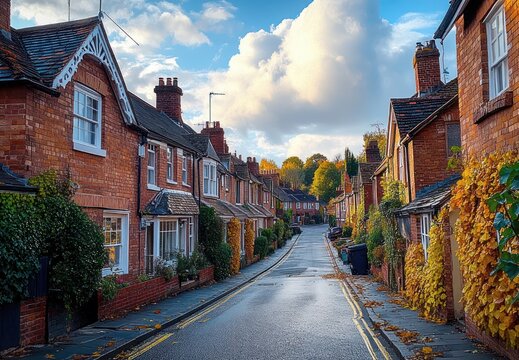 Quaint brick terraced cottages lining a wet narrow street with autumn leaves, ivy-covered facades and chimneys under a dramatic cloudy sky, peaceful cozy atmosphere