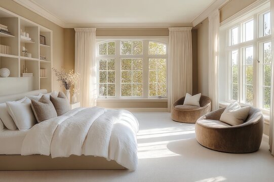 Sunlit neutral bedroom with large arched window, plush white bed with layered pillows, built-in shelves, draped curtains and two round lounge chairs evoking calm cozy morning