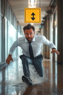 man in suit with blurred face sliding through wet polished office corridor with water splashing under yellow double-arrow sign, urgent and determined motion