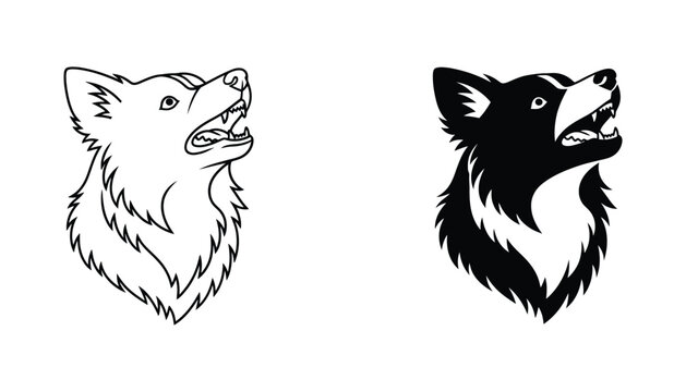 Border collie head profile vector illustration featuring expressive line art and solid black silhouette for pet branding and veterinary design