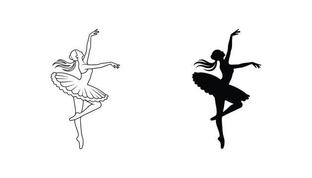 Elegant ballerina dancing in classic tutu vector illustration showing detailed line art and solid black silhouette for artistic projects