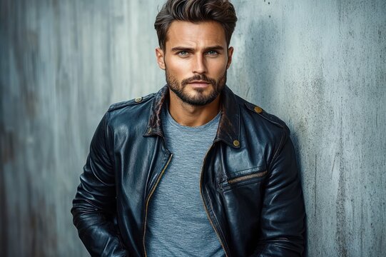 young man in black leather jacket and gray t-shirt leaning against textured concrete wall in a relaxed confident pose, urban moody portrait