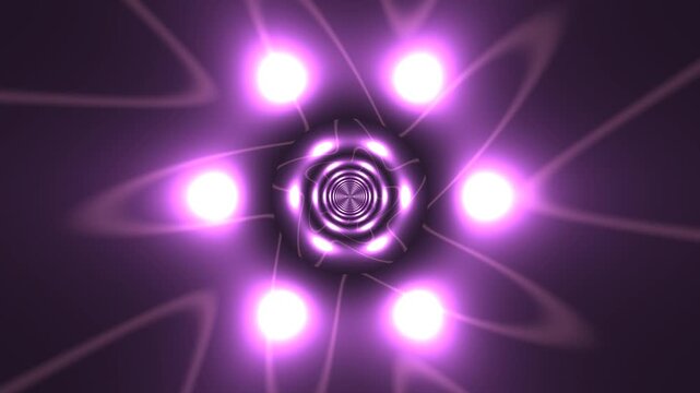 Colorful light patterns swirl around a center point in a dark space
