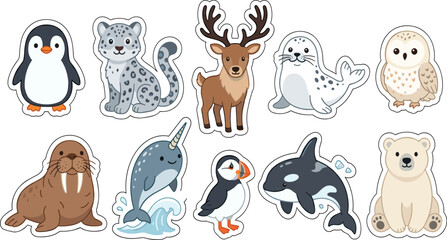 Cute arctic and polar animals vector sticker pack featuring penguin leopard seal whale and polar bear on white background © Mijanur