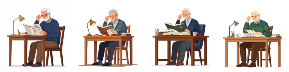 Fototapeta premium Elderly senior man reading book and newspaper at desk illustration set. Concept of lifelong learning, retirement hobby, and daily routine