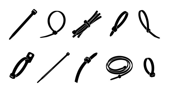 Cable Tie Set Collection Featuring Various Plastic Fastening Strips Nylon Zip Ties And Industrial Wire Management Bundling Tools In Black Vector Form