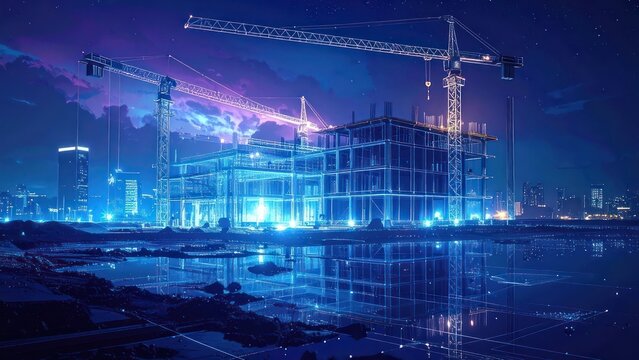 Futuristic blue lit construction site with cranes at night.