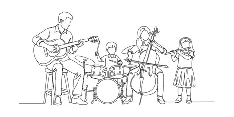 Fototapeta premium Continuous line drawing of a musical family band performing together.
