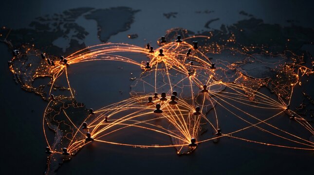 Abstract digital network concept features sleek black profile icons connected by glowing bright orange fiber optic lines on dark world maps.