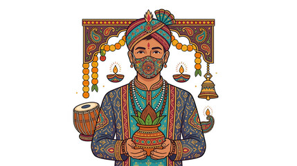 Fototapeta premium Indian Groom in Traditional Attire with Face Mask Holding Kalash Pot for Wedding