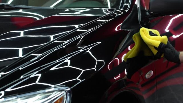 Paint correction wipe down process 4K video of auto detailing. Detailer wiping polishing compound residue from a black vehicle panel using a yellow microfiber towel