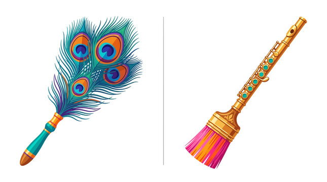 Ornamental peacock feather fan and decorative golden flute brush vector
