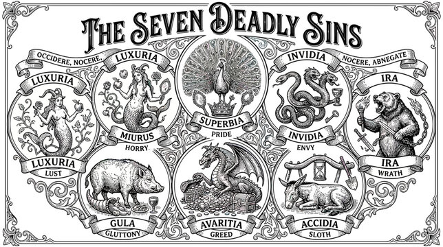 The Seven Deadly Sins Illustration with Mythical Creatures and Symbols