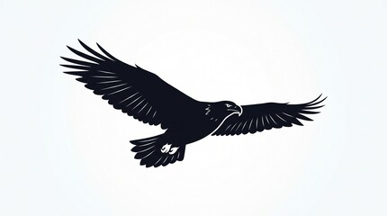 Naklejka premium A minimalist black silhouette of a majestic eagle soaring through the air with its large wings fully spread.The design features clean vector lines on a solid white background, capturing the powerful .