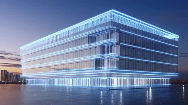 Futuristic glass building with digital neon outlines at dusk