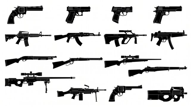 This image is an illustration or collection of silhouettes of various types of firearms from classic to modern, arranged neatly to show the differences in shape and function of each type.