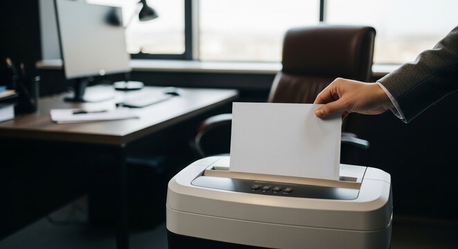 Business professional carefully inserts a clean blank white paper sheet into a modern office paper shredder machine today