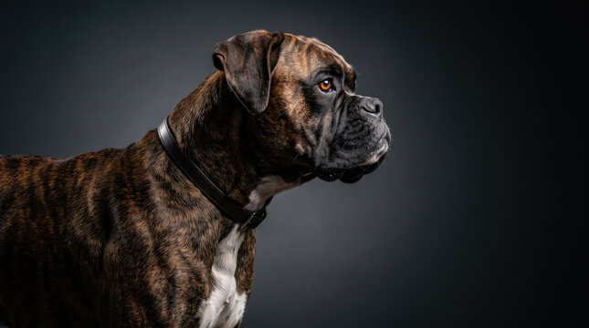 Side profile of a brindle boxer dog with a dusty face against a dark moody studio background
