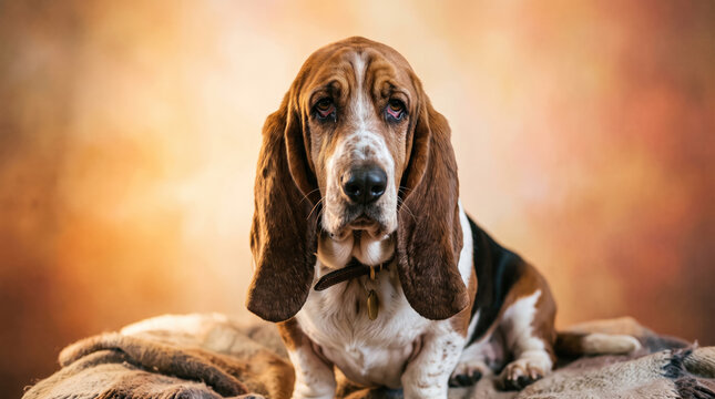 Sad Basset Hound dog with long droopy ears sitting on a blanket with a melancholic expression
