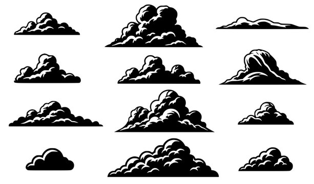 Collection of Black and White Cloud Silhouettes - Isolated on White Background