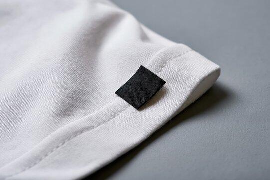 The white shirt with black fabric tag on a minimalist studio backdrop