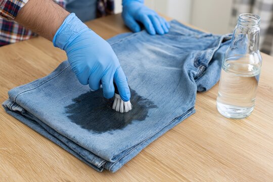 The Denim Jeans Stain Removal Action Captured During Home Cleaning Process