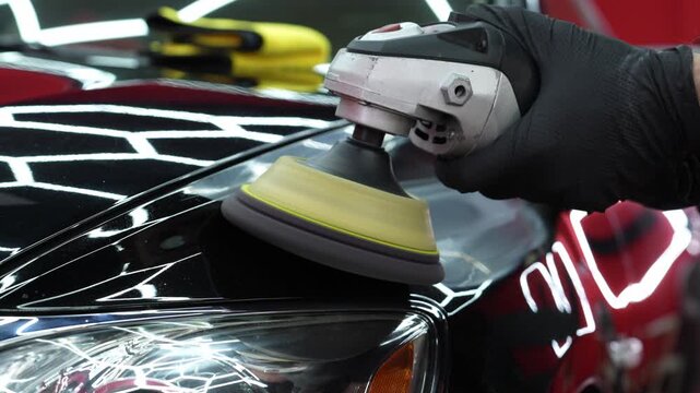 4K footage showing a dual action polisher removing surface defects. Paint correction process for automotive gloss enhancement