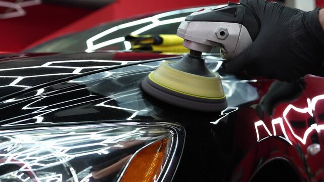 Automotive clear coat restoration in 4K. Orbital machine polishing to eliminate swirl marks and level vehicle paintwork