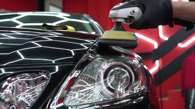 4K video of dual action polishing for automotive paint correction. Removing clear coat scratches and restoring surface gloss on a vehicle exterior