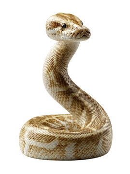 Albino python snake coiled on white background