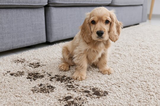 The Puppy on a Muddy Carpet: Cozy Home, Curious Golden Spaniel