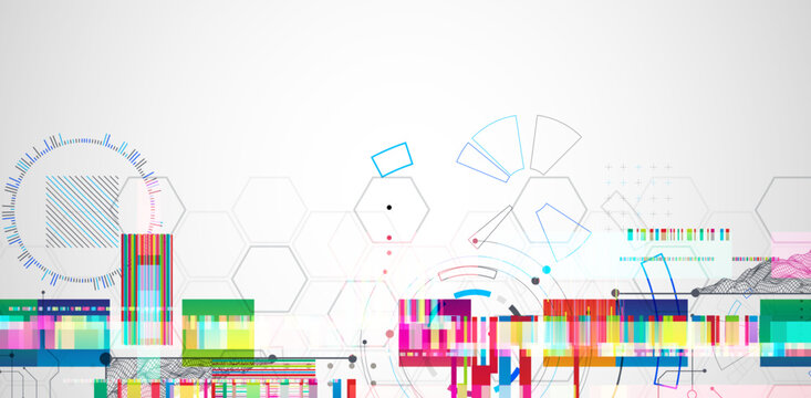 Abstract colorful background with different tech elements and lines. Color chaos. Vector illustration.