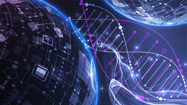 Abstract scientific background with glowing DNA double helix and futuristic bio sphere.
