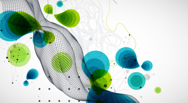 Abstract geometric background with green and blue circles and wireframe wave. Vector