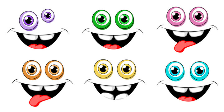 Set of funny cartoon monster faces with big colorful eyes and huge smiles