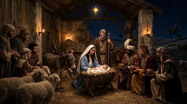 Nativity scene the birth of jesus christ with mary joseph wise men and shepherds religious halloween imagery