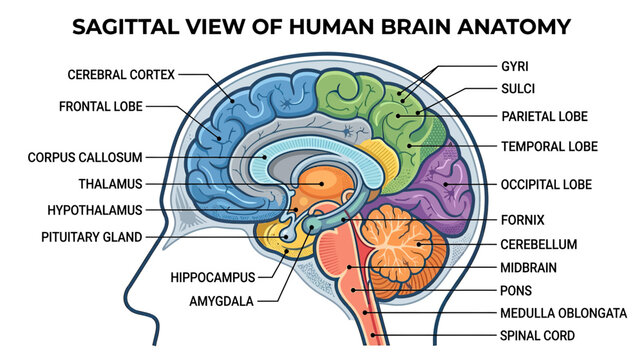 Sagittal View of Human Brain Anatomy with Labeled Sections