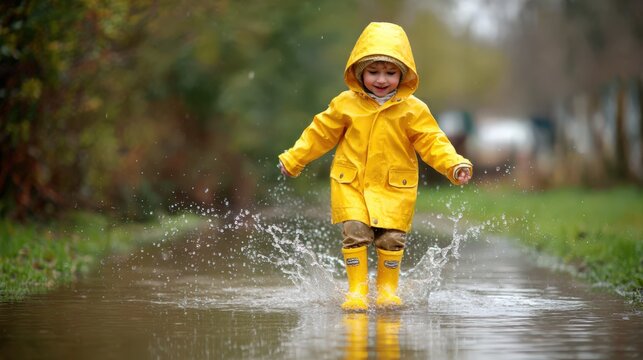 Child in bright yellow raincoat leaps through puddles